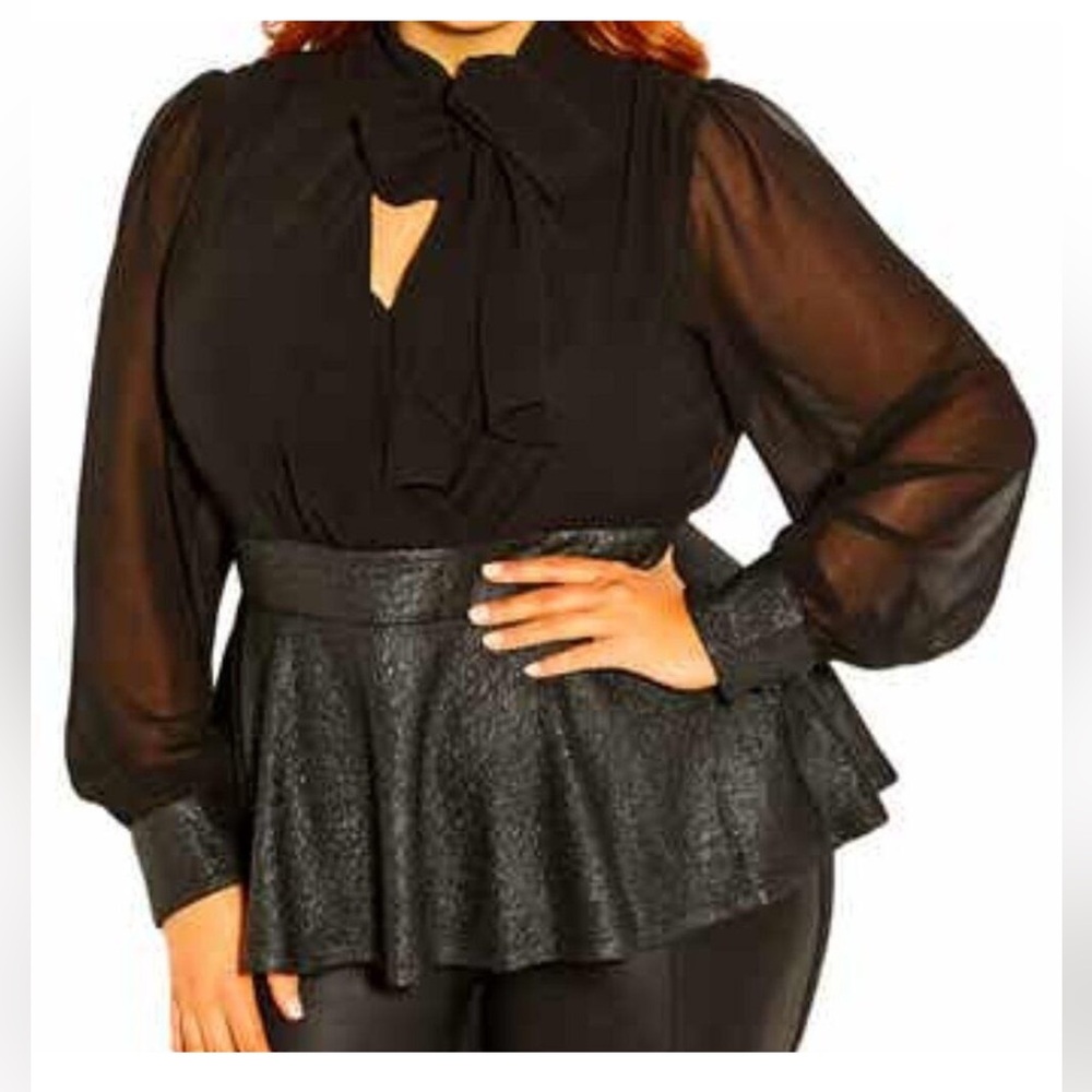 City Chic Black Peplum Metallic Top with Bow Detail